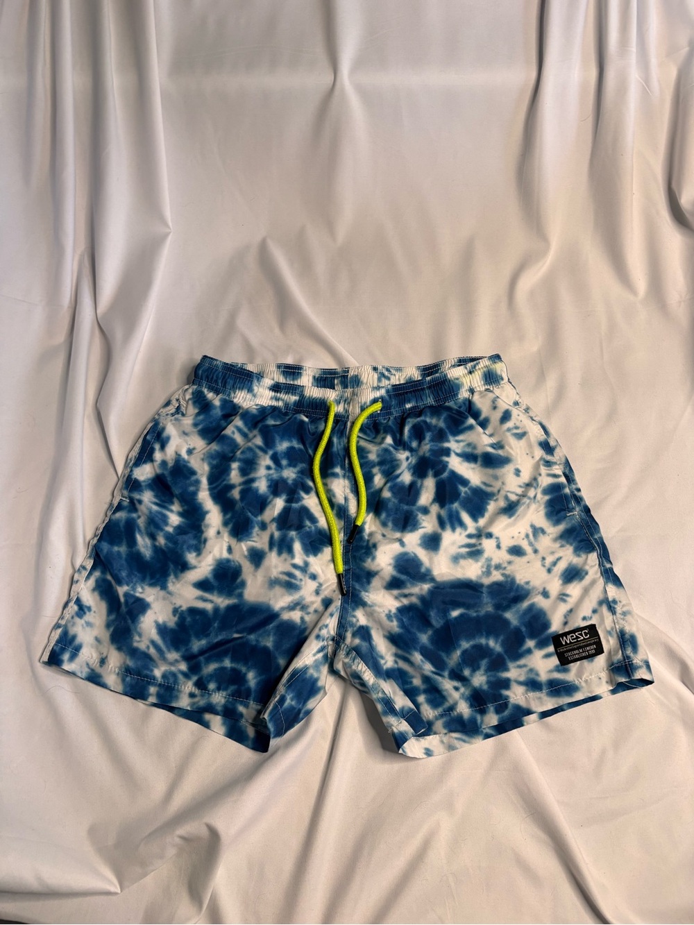 Wesc Men’s Blue Tie-Dye Swim Trunks with Neon Yellow Drawstring